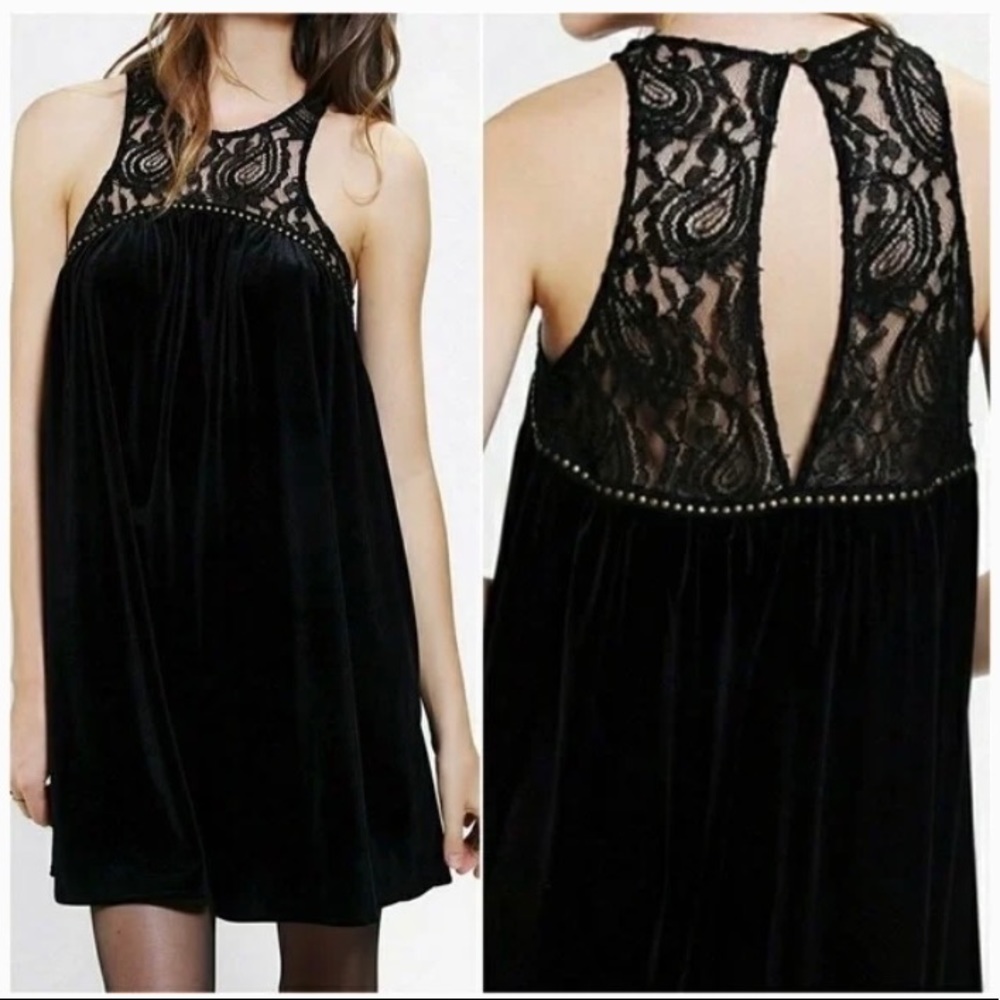 Ecote black lace velvet tank mini dress studded Large